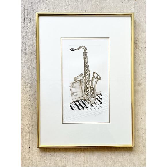 Francine Desbiens “Saxophone” Signed & Framed Embossed Etching Print 16”x11” - Picture 2 of 12